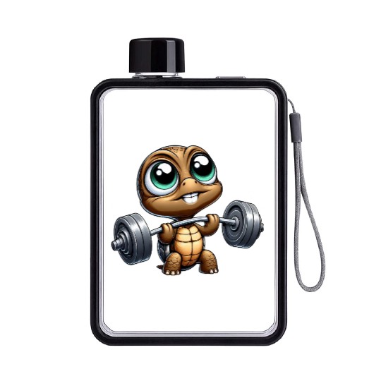 Chibi turtle with barbell weightlifter cartoon Flat Water Bottles