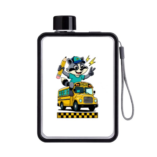back-to-school-Cute Raccoon Student on School Bus  Flat Water Bottles