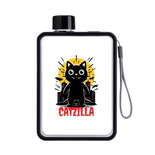 Nighttime City Monster Catzilla Design Flat Water Bottles
