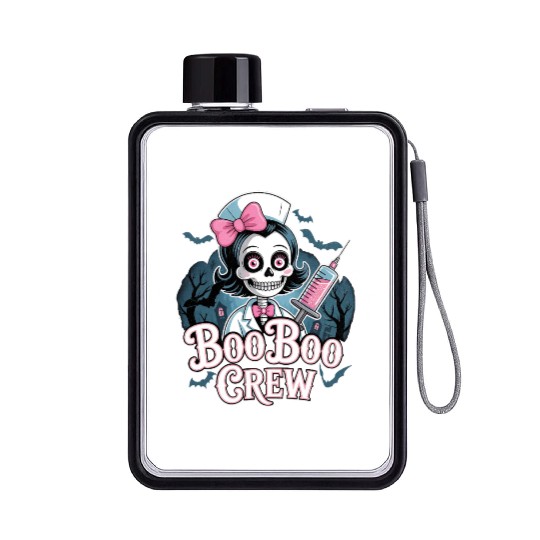 Gothic Nurse Skeleton with BooBoo Crew Text Flat Water Bottles