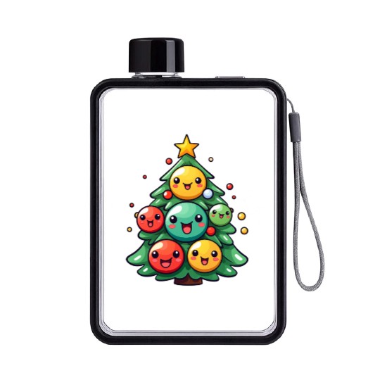 Kawaii Christmas Tree with Chibi Ornaments Flat Water Bottles