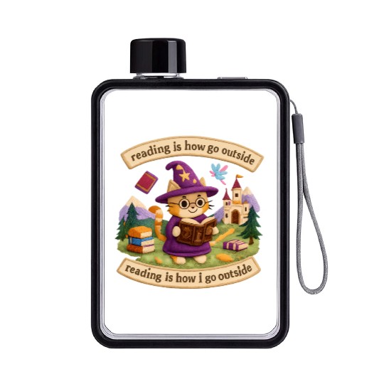 Whimsical Cat Wizard Reading Flat Water Bottles