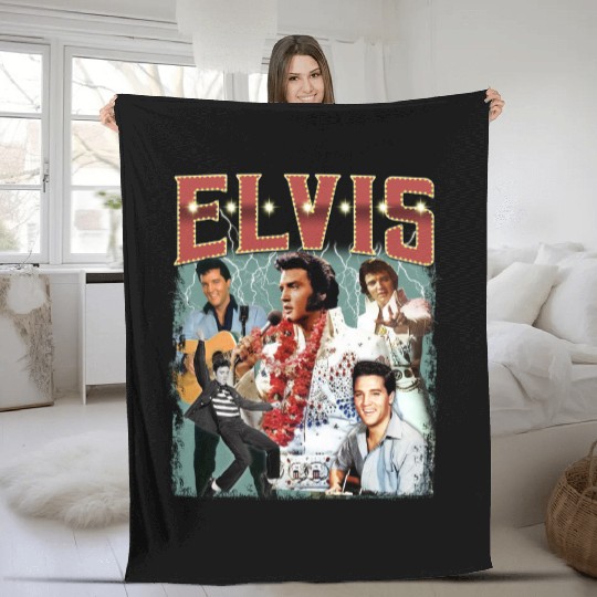 Elvis 90s Vintage Fleece Blankets, King Of Rock Fleece Blankets, Elvis Presley Fleece Blankets