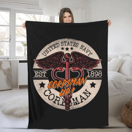 Corpsman Up Devil US Navy Corpsman Army Veteran Fleece Blankets
