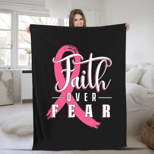 Faith Over Fear Breast Cancer Support Awareness Pink Ribbon Fleece Blankets