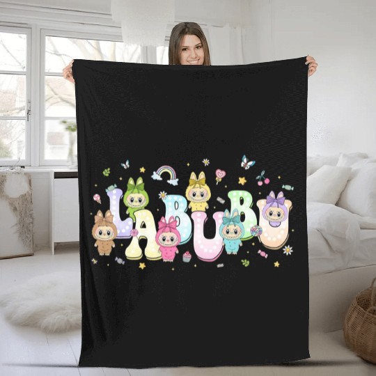 Colorful Kawaii Labubu Characters Fleece Blankets, Labubu Fleece Blankets, Cute Cartoon Dolls Fleece Blankets, Colorful Anime Kawaii Fleece Blankets Labubu Squad Fleece Blankets