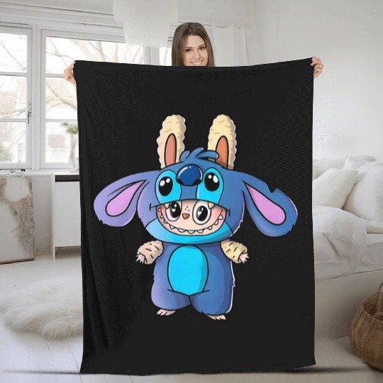 Labubu Stitch, Labubu Dressed As Stitch Fleece Blankets, Cute Cartoon Fleece Blankets, Pastel Kawaii, Stitch Toddler Fleece Blankets, Stitch Kids Fleece Blankets, Labubu Kids Fleece Blankets