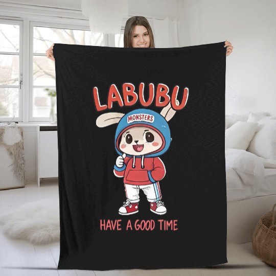 Labubu kids Fleece Blankets- Cute Cartoon Bunny "Have a Good Time" Fleece Blankets for Kids, Kawaii Character Fleece Blankets, Boys Girls Graphic Fleece Blankets Gift.