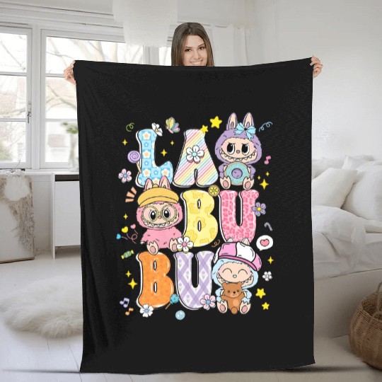 Labubu Monsters Inspired Colorful Kids Fleece Blankets, Labubu Youth Fleece Blankets, Trendy Girls Fleece Blankets, Trendy Doll Gift, Trendy Cartoon Character Youth Fleece Blankets