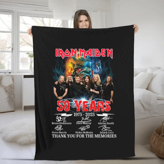 Limited Edition Iron Maiden 50 Year 1975-2025 Fleece Blankets with Signatures, Heavy Metal 50th Anniversary Band Fleece Blankets for Iron Maiden Fans