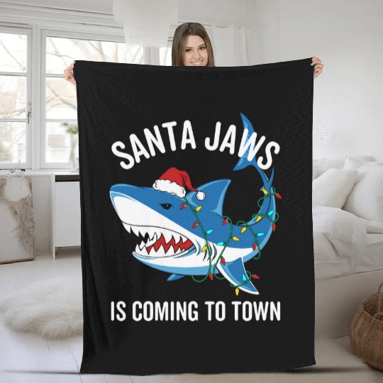 Santa Jaws Is Coming To Town Funny Christmas Shark Fleece Blankets