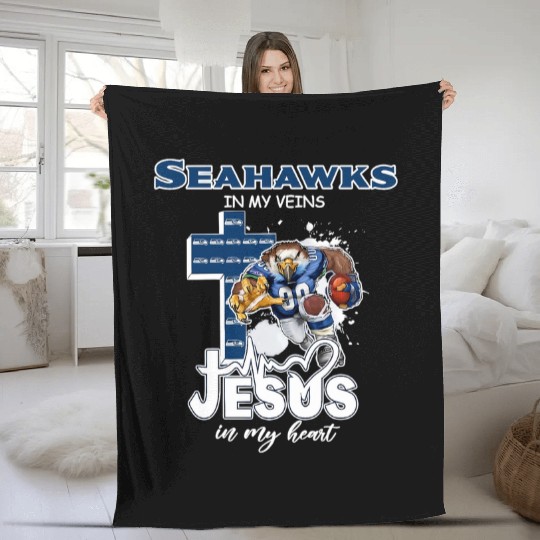 Seattle Seahawks In My Veins Jesus In My Heart Mascot Fleece Blankets