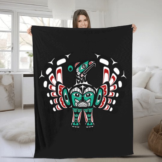 Native American Red Black Green Haida Thunderbird Fleece Blankets