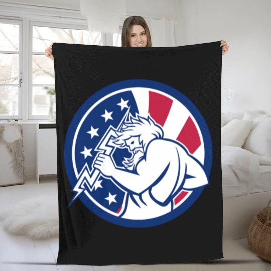 Zeus With Thunderbolt USA Flag Icon Fleece Blankets