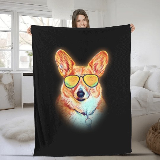 Pembroke Welsh Corgi Colorful Neon Dog Sunglasses Fleece Blankets
