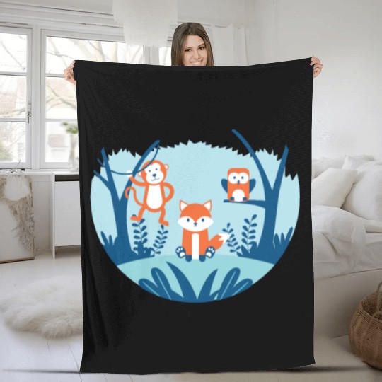Monkey, Owl, Fox, Animal Friends Forest Graphic Fleece Blankets