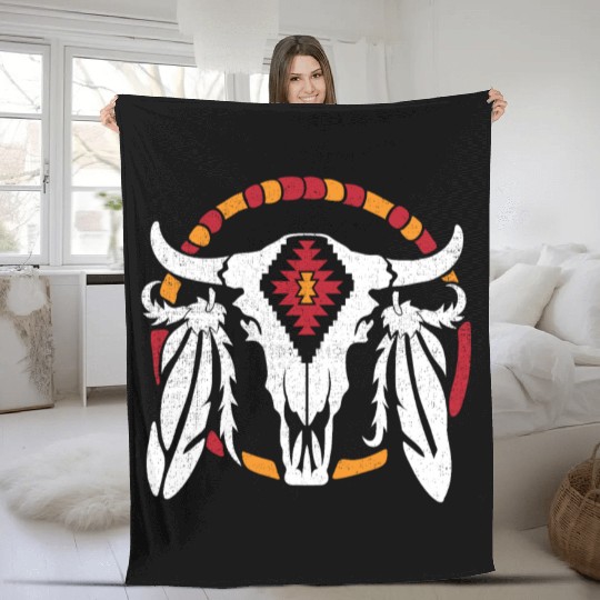 Aztec Pattern Cow Skull Cowboy Indian Mexican Fleece Blankets