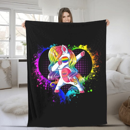Pride LGBT Gay Be Lesbian Unicorn Dabbing Funny Fleece Blankets