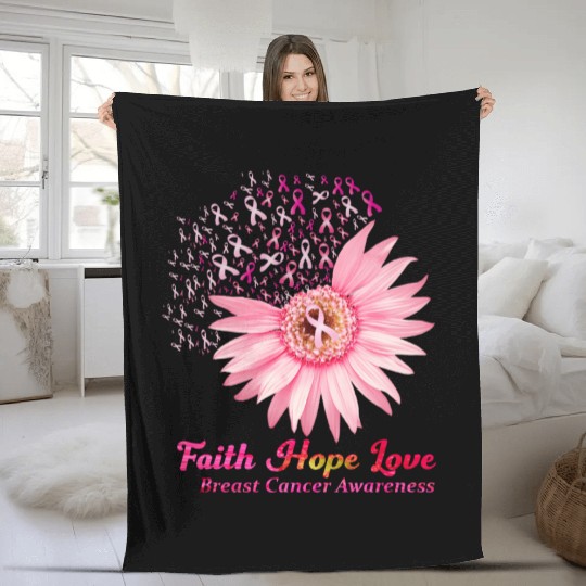 Faith Hope Love Breast Cancer Awareness Flower Pin Fleece Blankets