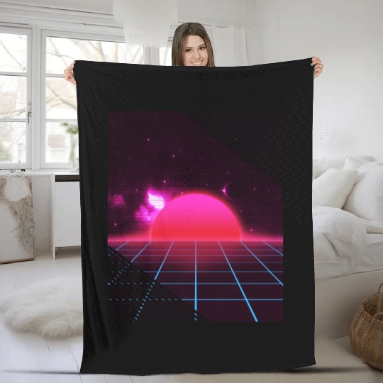 Sundown sunrise Scenery in a Retro 80s 90s Grid Fleece Blankets