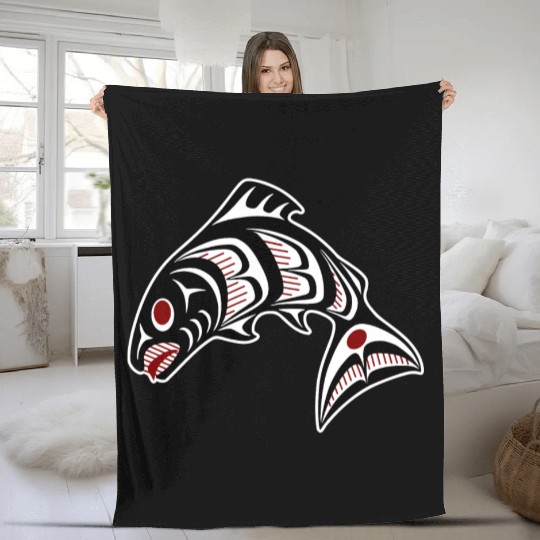 Native American Red Black Haida Vector Salmon Fleece Blankets