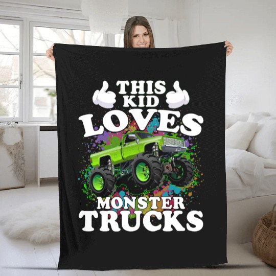 This Kid Loves Monster Trucks Fleece Blankets