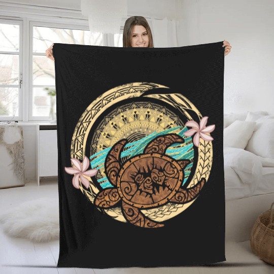 Vintage Circular Samoan Turtle Dive Fleece Blankets