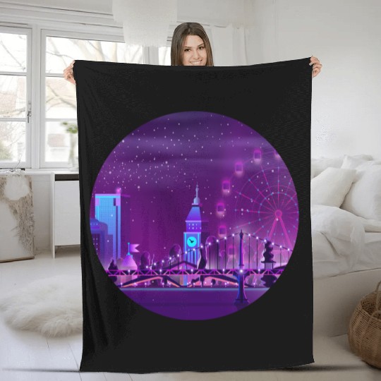 Synthwave Neon City: London Fleece Blankets