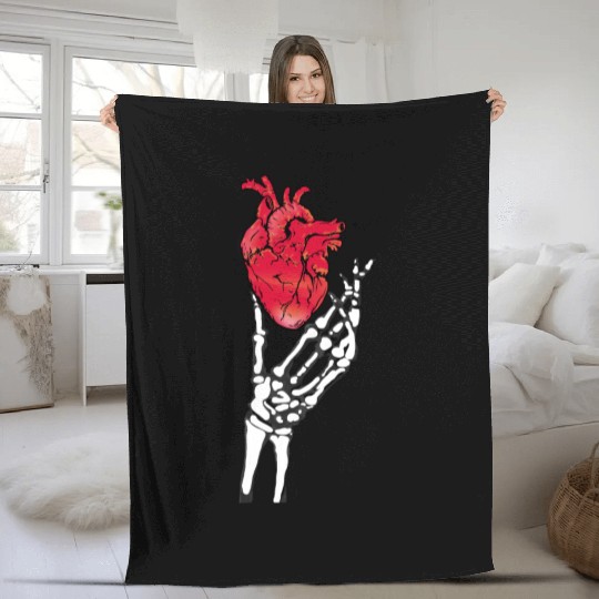 Skeleton hand and red heart Fleece Blankets