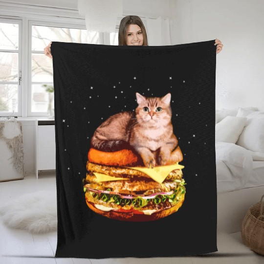 Hamburger Space Cat Funny Kitty Gift Fleece Blankets