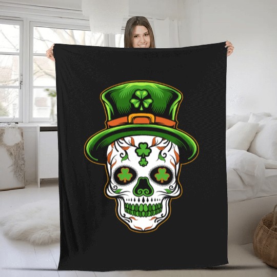 Sugar Skull St Patricks Day Fleece Blankets