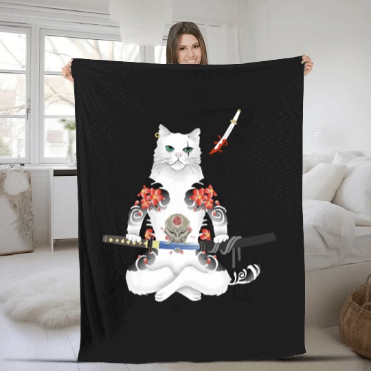 Japanese Samurai Cat Katana Ninja Yakuza Tattoo Fleece Blankets