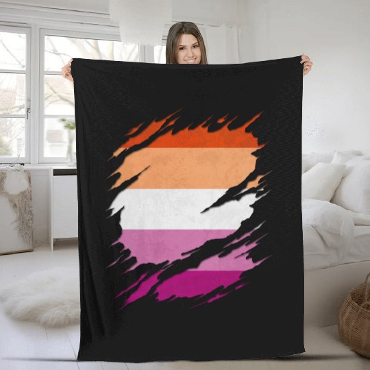 Lesbian Pride Flag Ripped Reveal Fleece Blankets