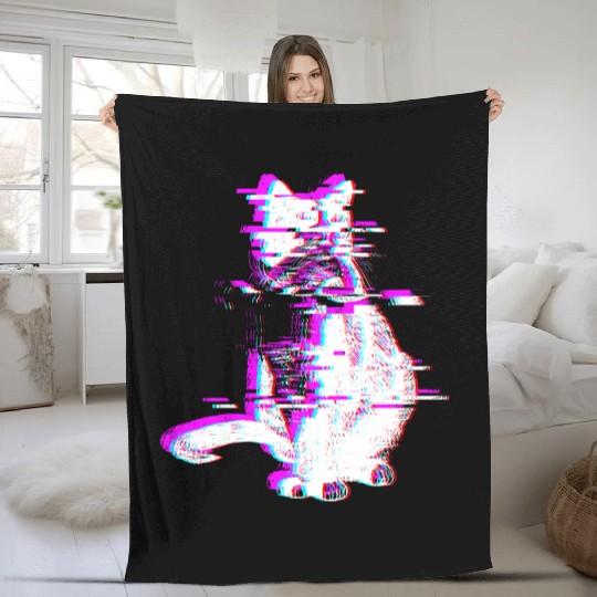 Vaporwave Synthwave Glitch Cat Feline Kitty Fleece Blankets
