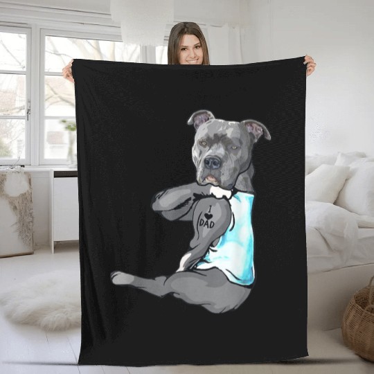 Funny Dog Pitbull I Love Dad Tattoo Fleece Blankets Father
