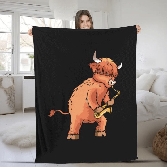 Highland Cow Cattle Playing Saxophone Music Gift Fleece Blankets