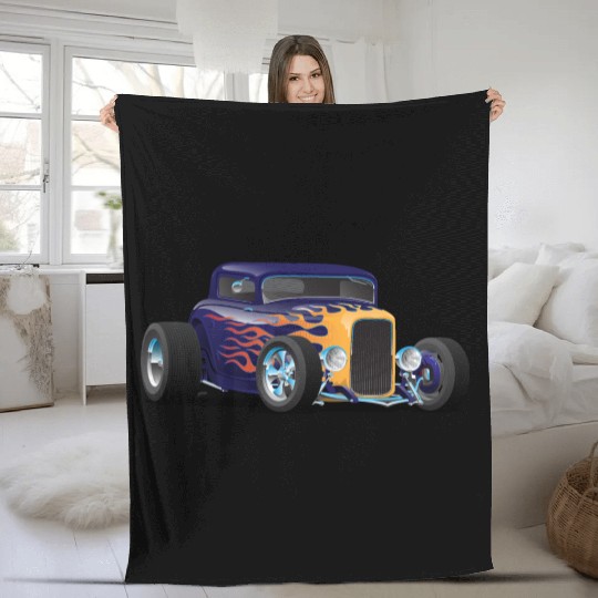 Vintage Hot Rod Car with Classic Flames Fleece Blankets