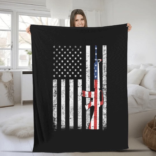 Us Flag With Gun For Independence day 4th of July Fleece Blankets