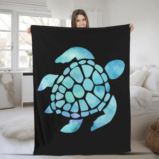 Sea Turtle Watercolor Blue Fleece Blankets