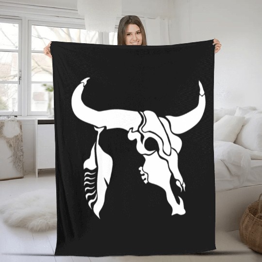 Tribal White Longhorn Bull Skull w White Feather Fleece Blankets