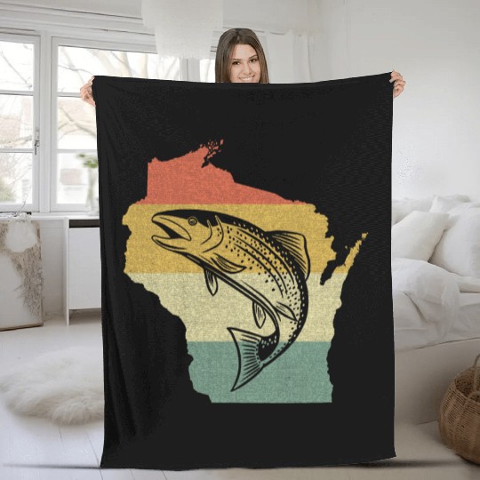 Vintage Retro Sunset Wisconsin Fishing Fleece Blankets