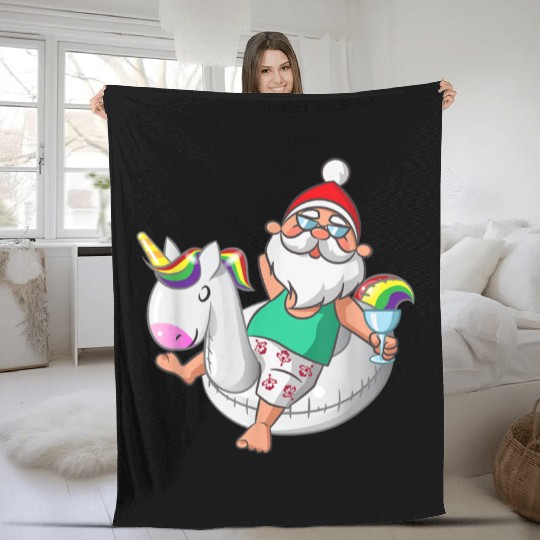 Christmas in July Santa Hawaiian Unicorn Swim Fleece Blankets