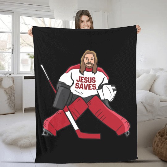 Funny Hockey Jesus Saves Hockey Goalie Fleece Blankets