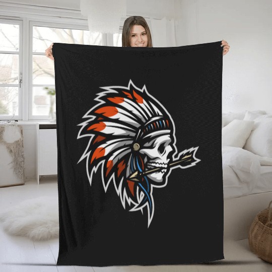 Native American Indian Headdress Skull Fleece Blankets