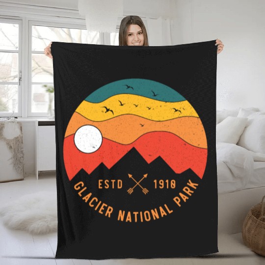 Retro Glacier National Park Montana Souvenir 80s Fleece Blankets