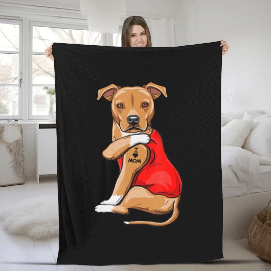Mothers Day Gifts Pit Bull Dog Tattoo I Love Mom Fleece Blankets