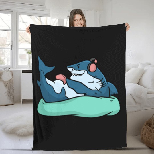 Chilling Blue Shark On A Bean Bag Chair Fleece Blankets