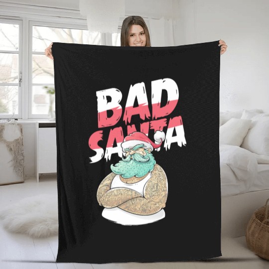 Bad Santa Claus Christmas Tattoo Fleece Blankets
