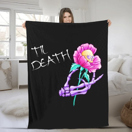 Til Death Valentine Skeleton Hand Skull Flower Fleece Blankets