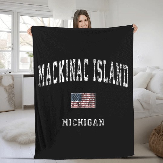 Mackinac Island Michigan MI Vintage American Flag Fleece Blankets